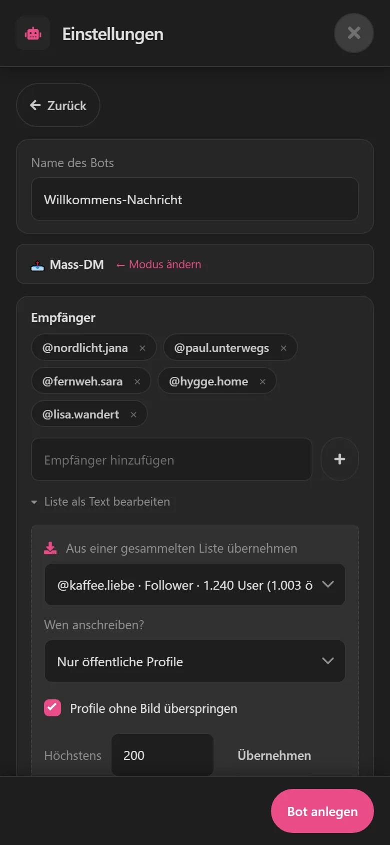 Mass-DM-Einstellungen: fünf Empfänger als Chips, darunter eine gesammelte Liste zum Übernehmen.