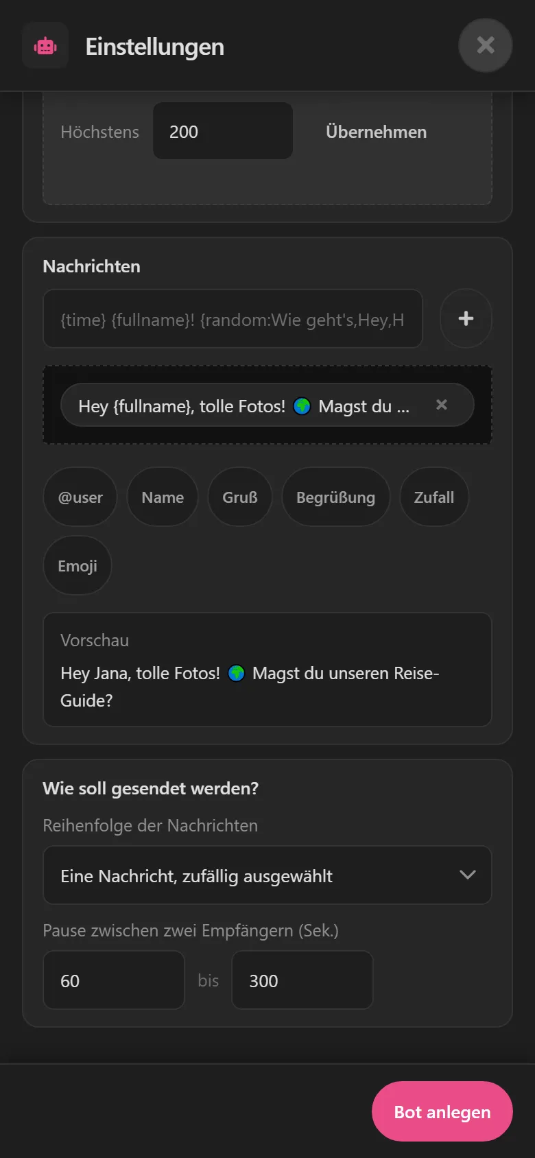 Nachricht mit Platzhalter {fullname} und die Vorschau „Hey Jana, tolle Fotos!“.