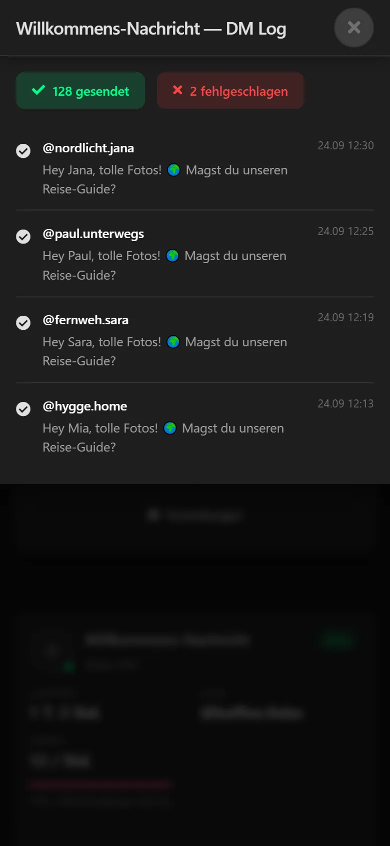DM-Protokoll: 128 gesendet, mit Empfänger, Nachricht und Uhrzeit.