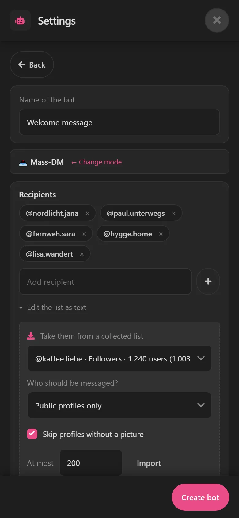 Mass DM settings: five recipients as chips, below them a collected list to import.