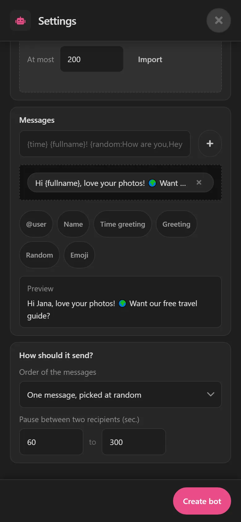 Message with the {fullname} placeholder and the preview “Hi Jana, love your photos!”.