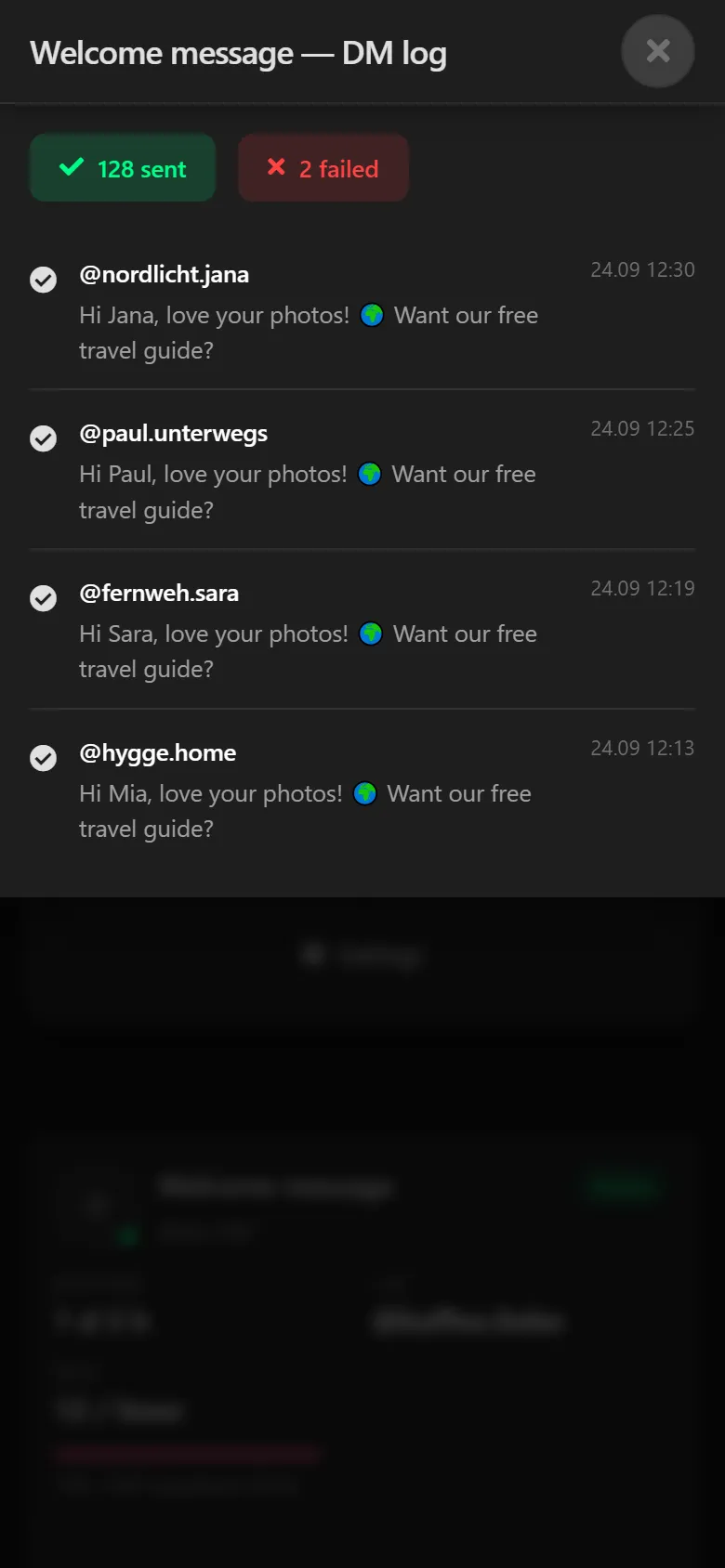 DM log: 128 sent, with recipient, message and time.