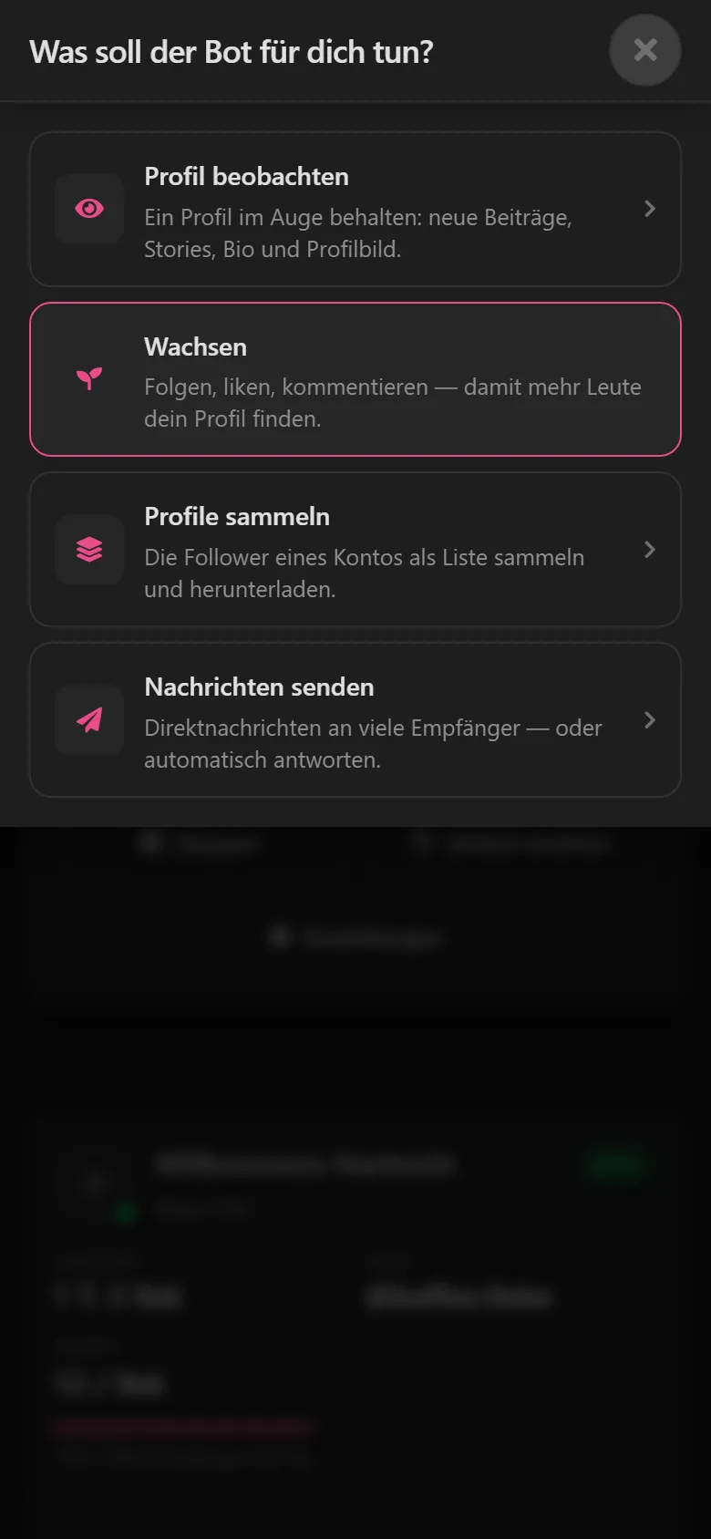 Auswahl „Was soll der Bot für dich tun?“ im smartFollower-Dashboard, „Wachsen“ ist markiert.