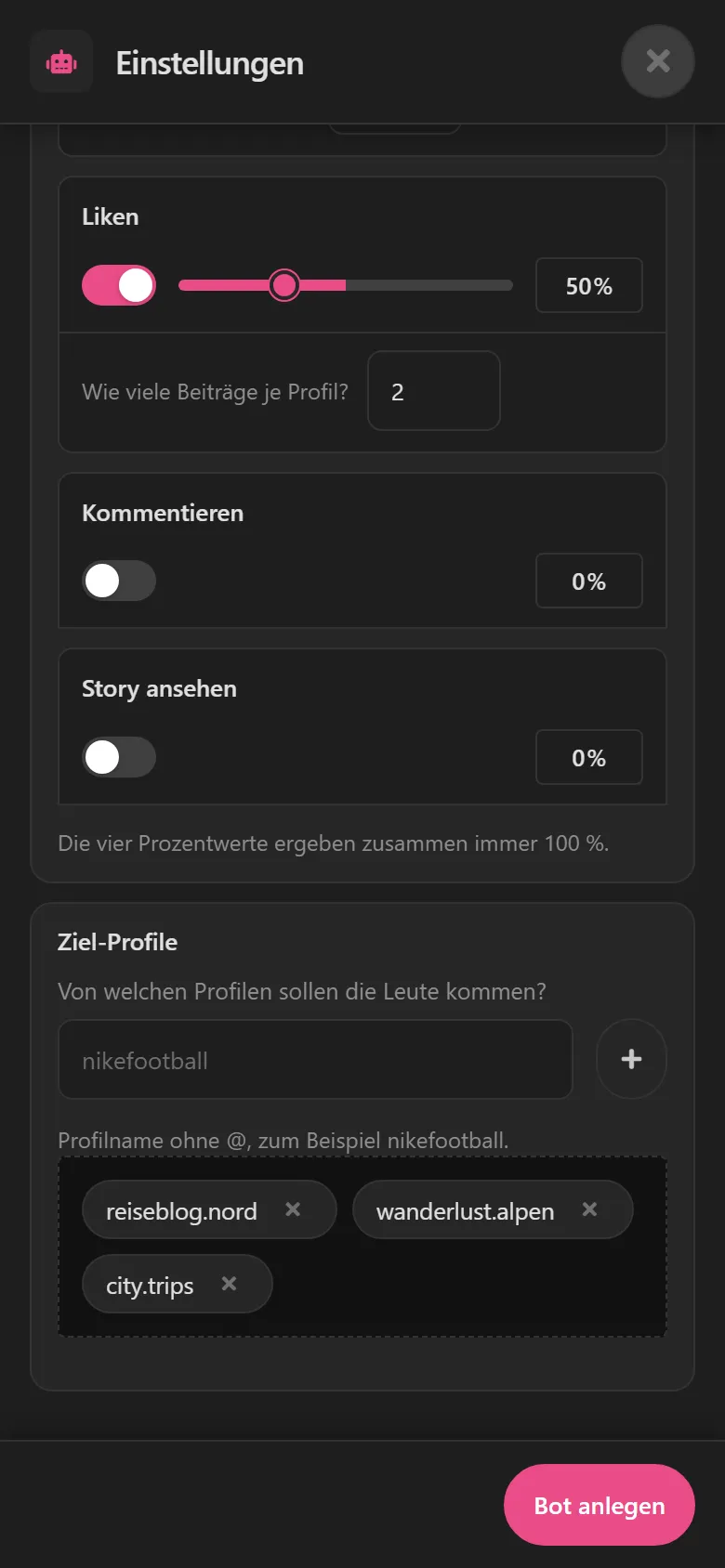 Einstellungen des Growth Bots: Liken mit zwei Beiträgen je Profil, darunter drei Ziel-Profile.