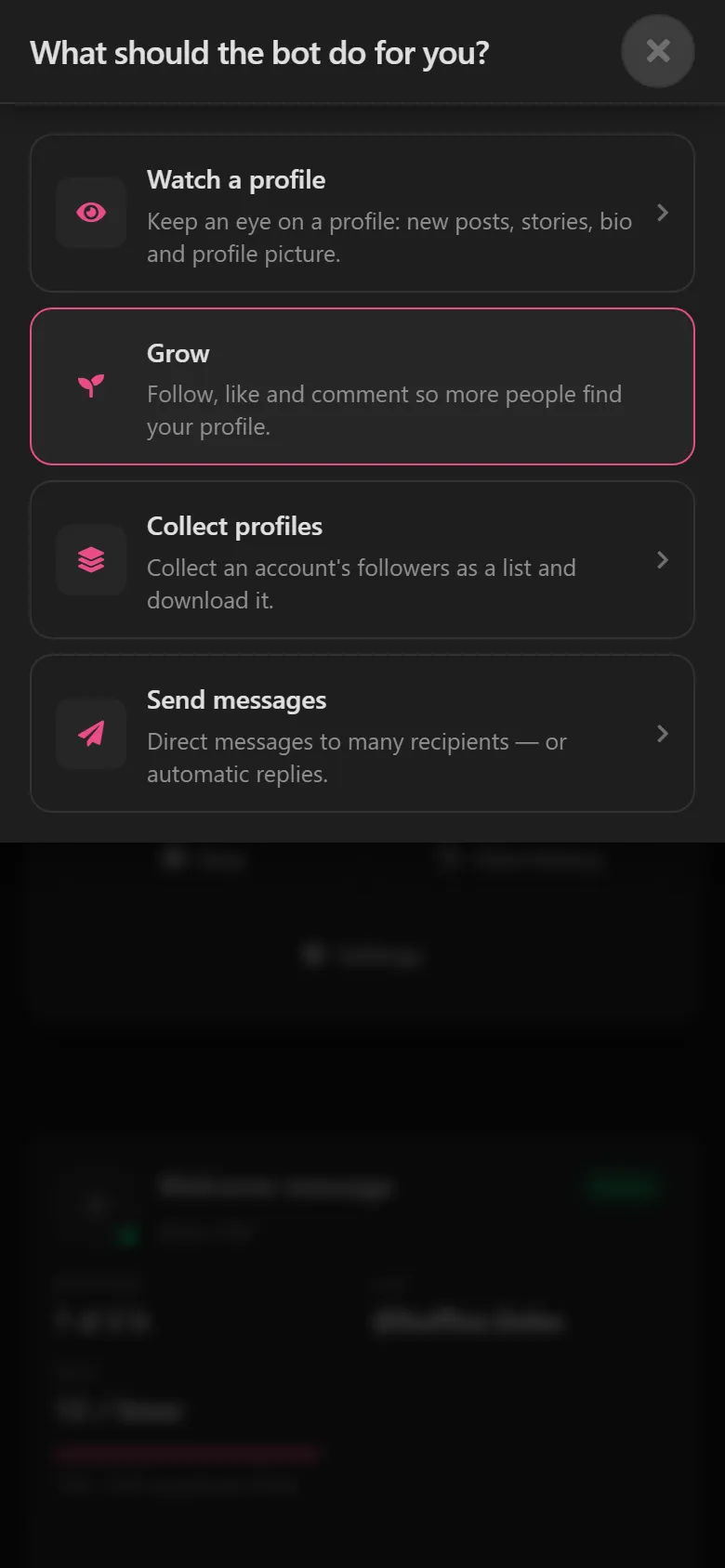 “What should the bot do for you?” in the smartFollower dashboard, with “Grow” selected.