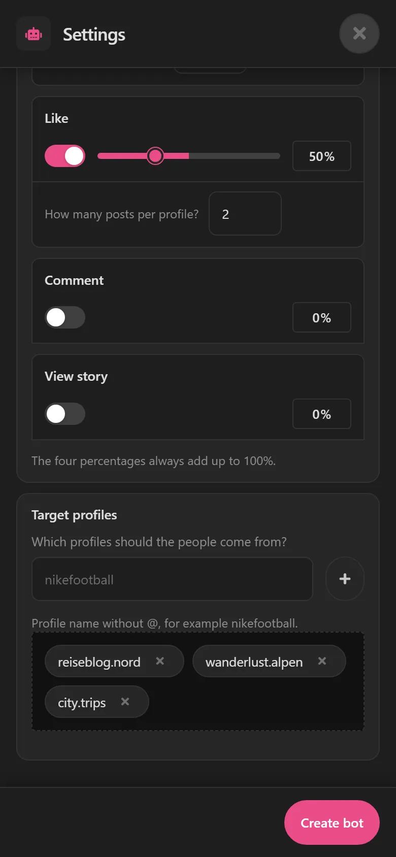 Growth Bot settings: liking two posts per profile, below it three target profiles.
