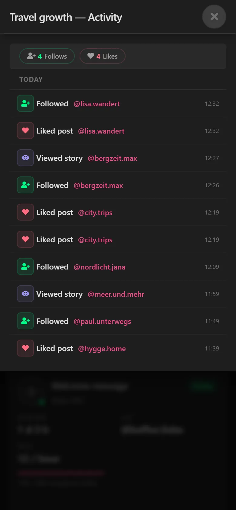Growth Bot activity: followed, liked posts, viewed stories – with times.