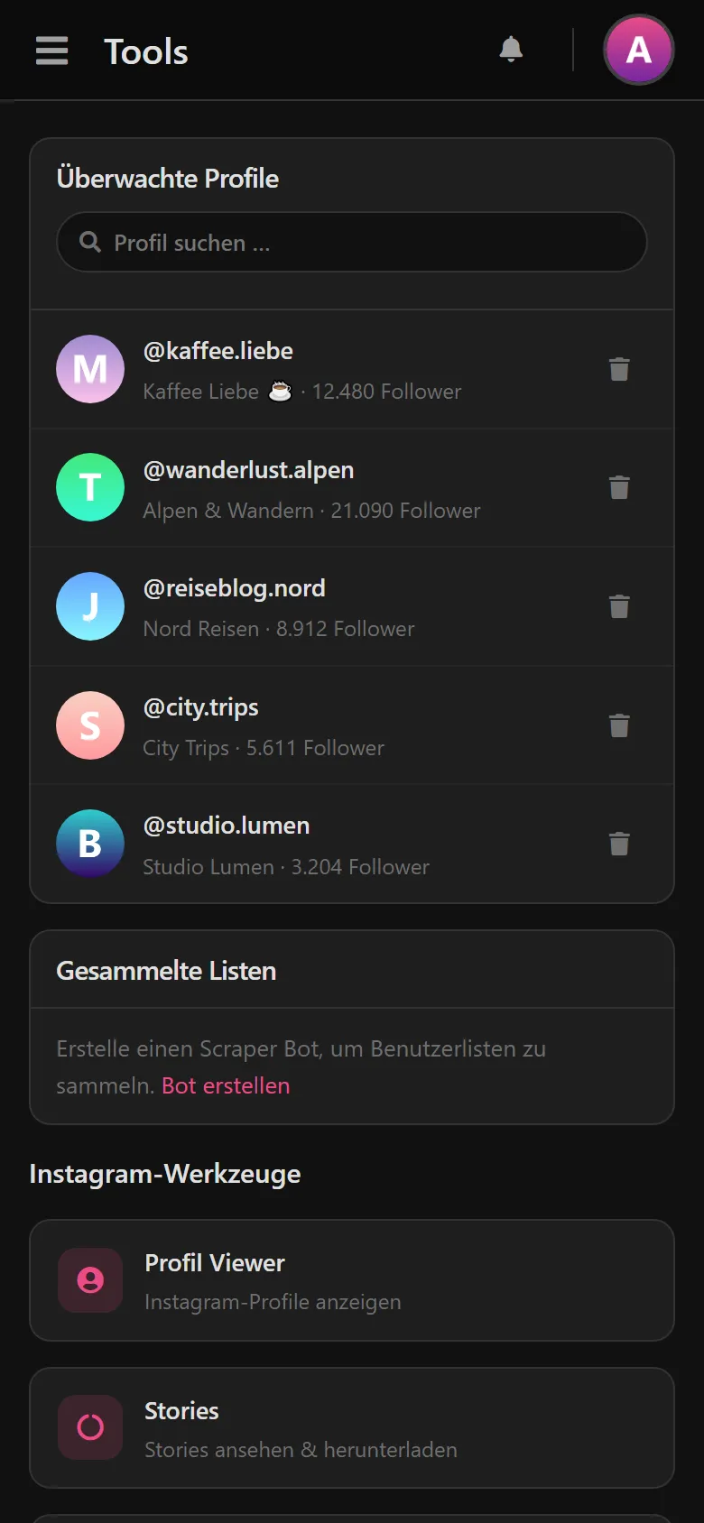 Liste der überwachten Profile mit Namen und Follower-Zahlen.