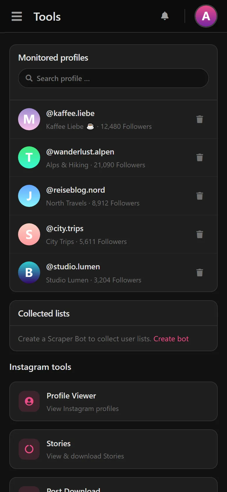 List of monitored profiles with names and follower counts.
