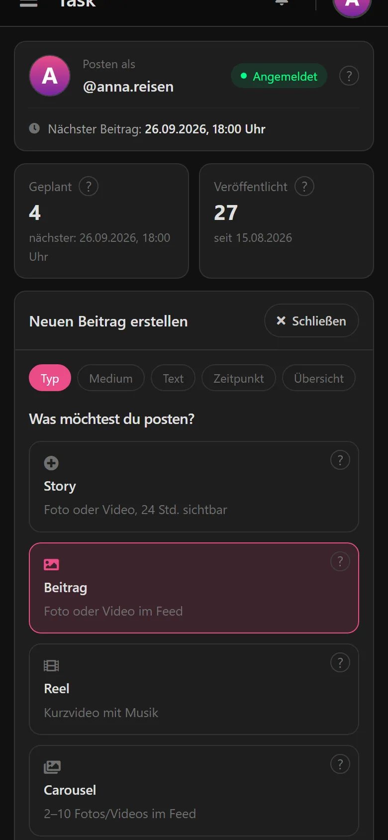 „Neuen Beitrag erstellen“: Auswahl zwischen Story, Beitrag, Reel und Carousel, „Beitrag“ ist markiert.