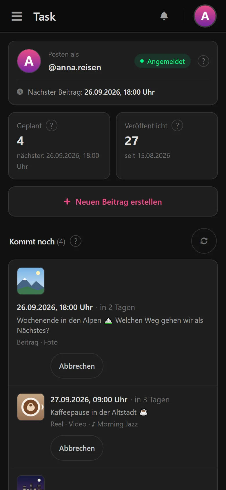 Übersicht „Kommt noch“ mit geplanten Beiträgen, Reels und Storys samt Datum und Uhrzeit.