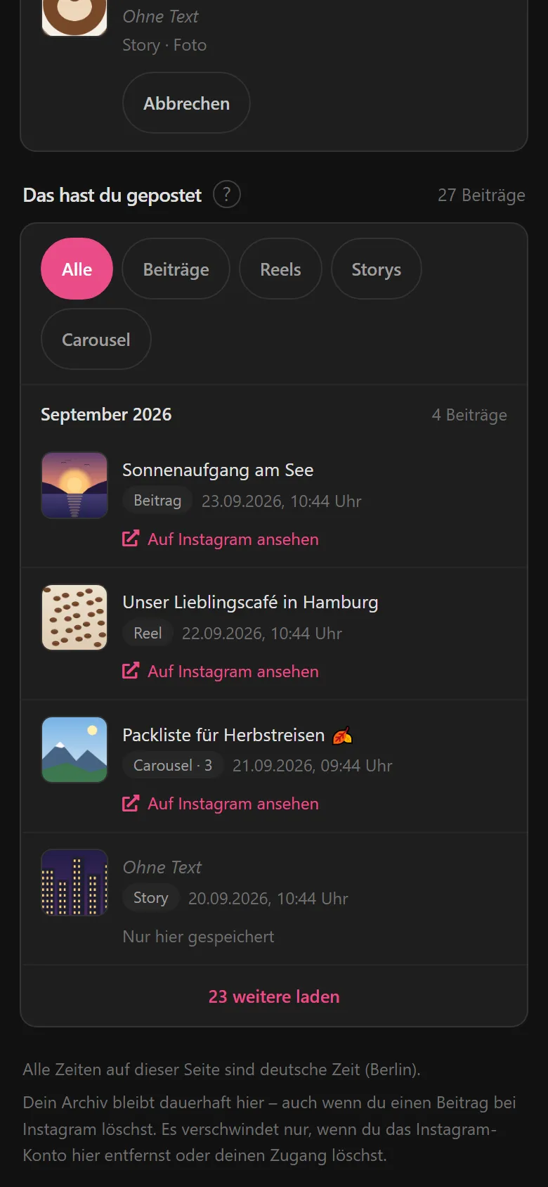Archiv „Das hast du gepostet“ mit veröffentlichten Beiträgen und Link zu Instagram.