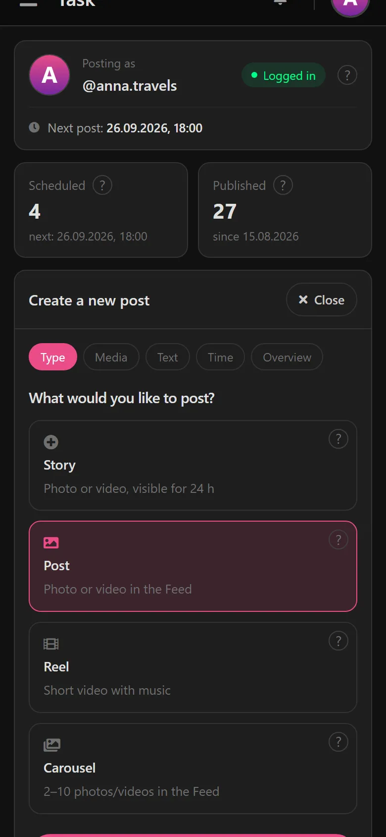 “Create a new post”: choice between story, post, reel and carousel, with “Post” selected.