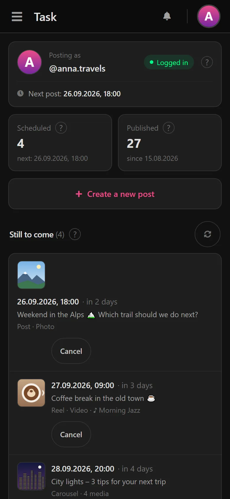 “Still to come” with scheduled posts, reels and stories including date and time.