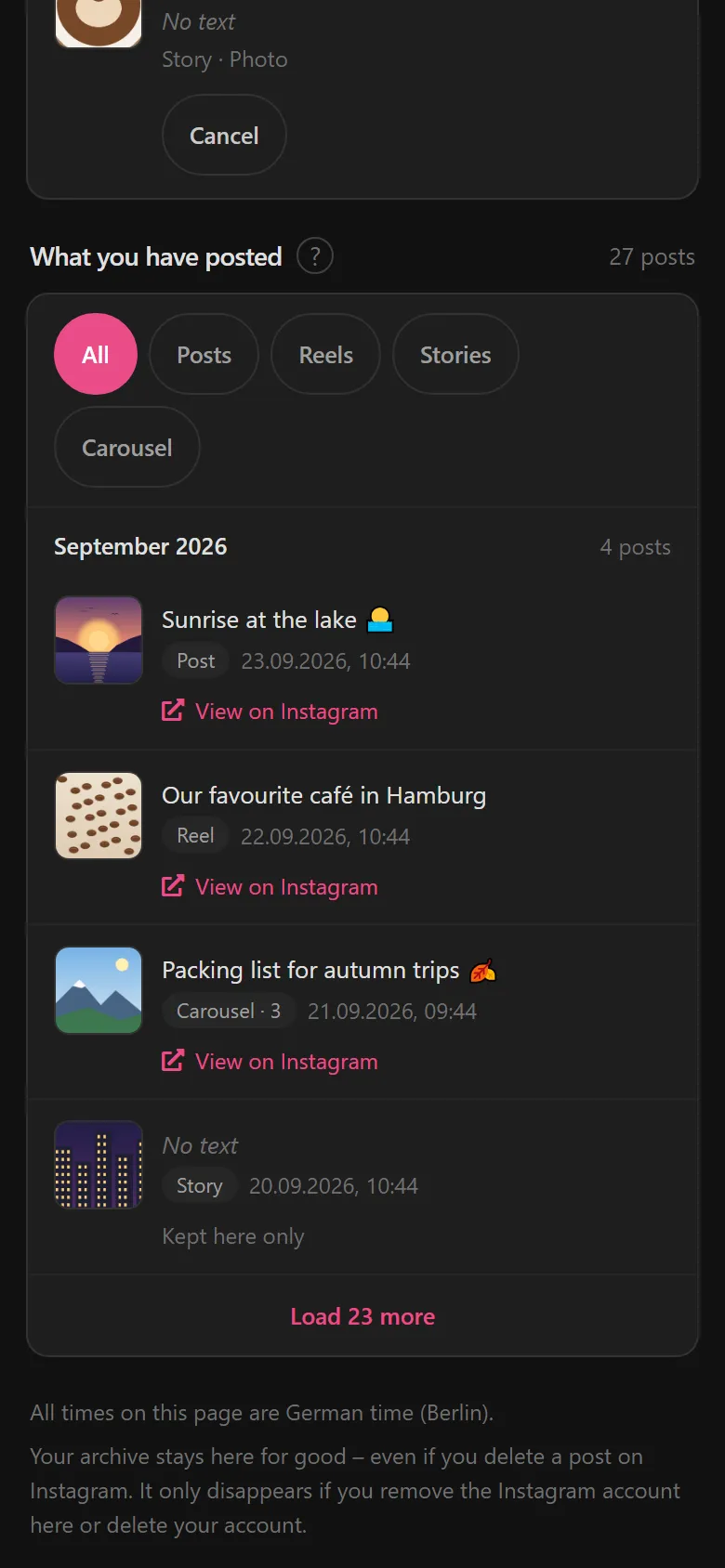 Archive “What you have posted” with published posts and a link to Instagram.