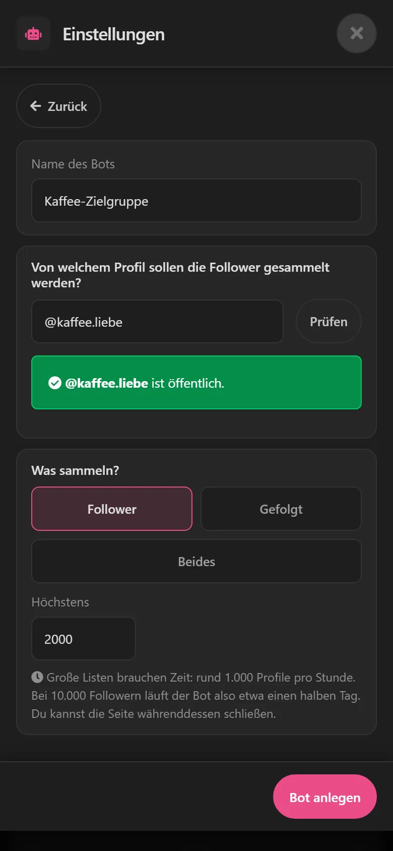 Scraper-Einstellungen: Profil @kaffee.liebe ist öffentlich, gesammelt werden höchstens 2000 Follower.
