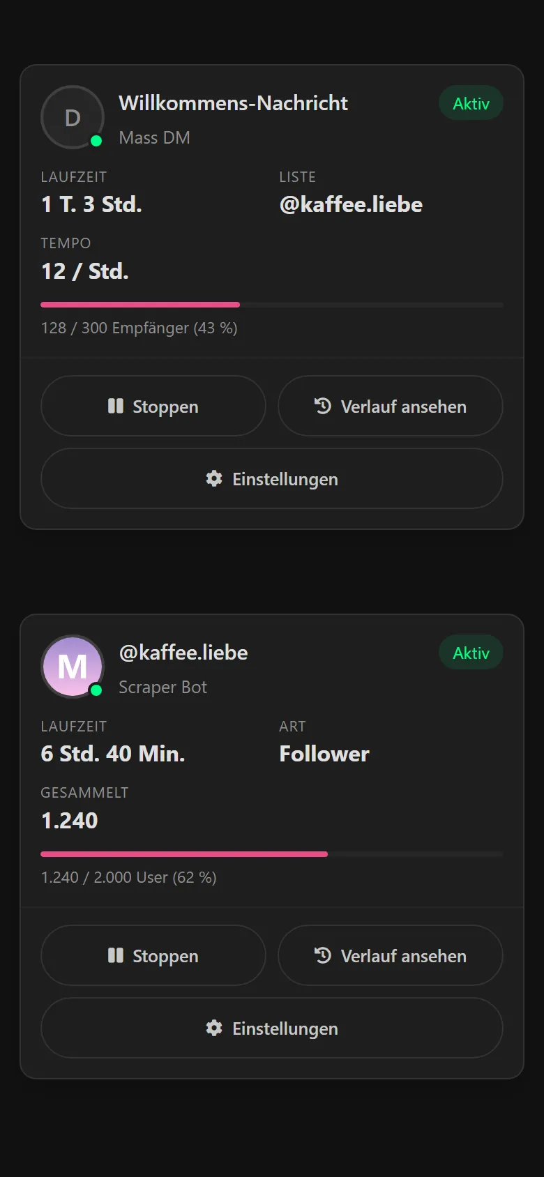 Bot-Karte des Scraper Bots mit Fortschritt: 1.240 von 2.000 Usern.