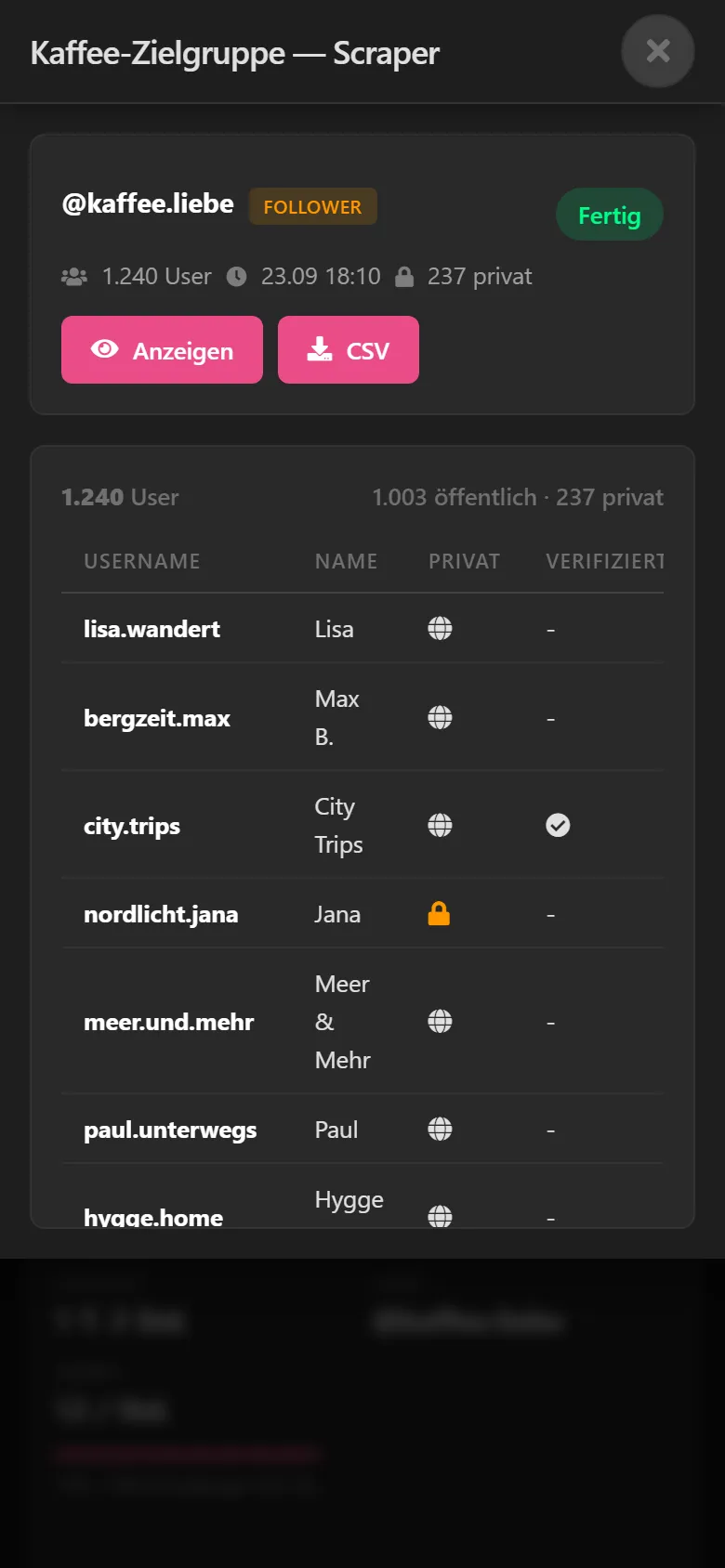 Fertige Liste mit 1.240 Usern, Knöpfe „Anzeigen“ und „CSV“.
