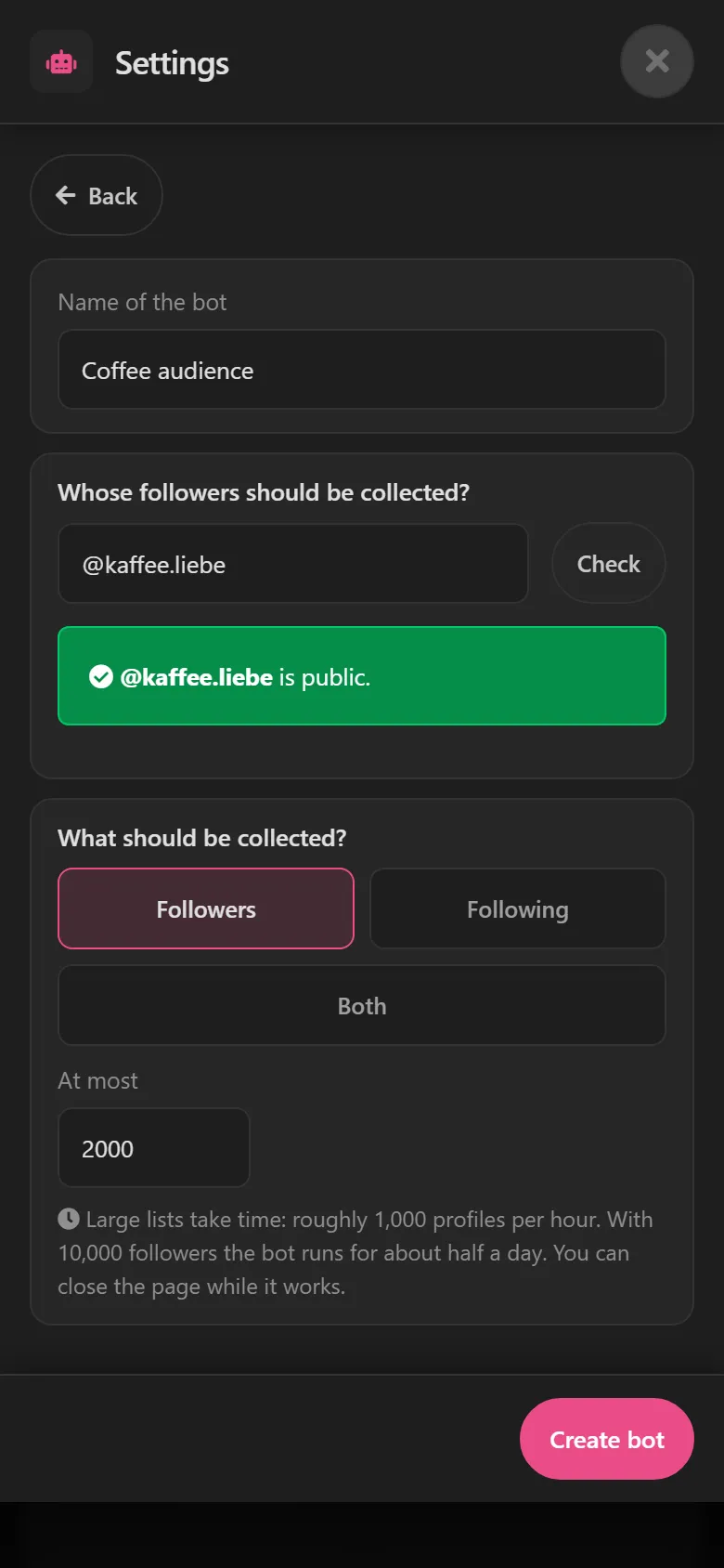 Scraper settings: profile @kaffee.liebe is public, collecting up to 2,000 followers.