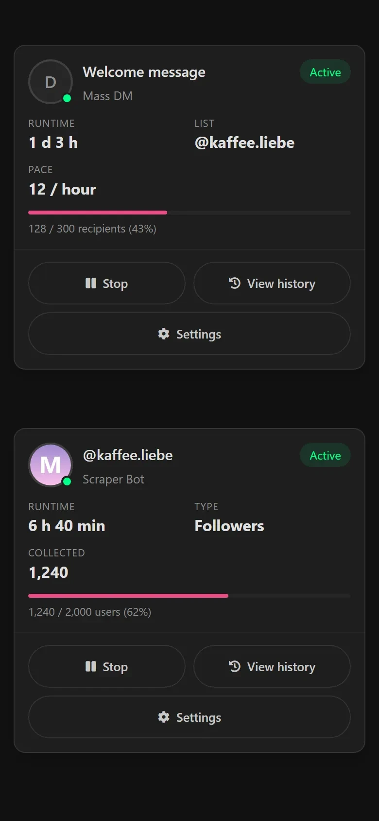 Scraper Bot card with progress: 1,240 of 2,000 users.
