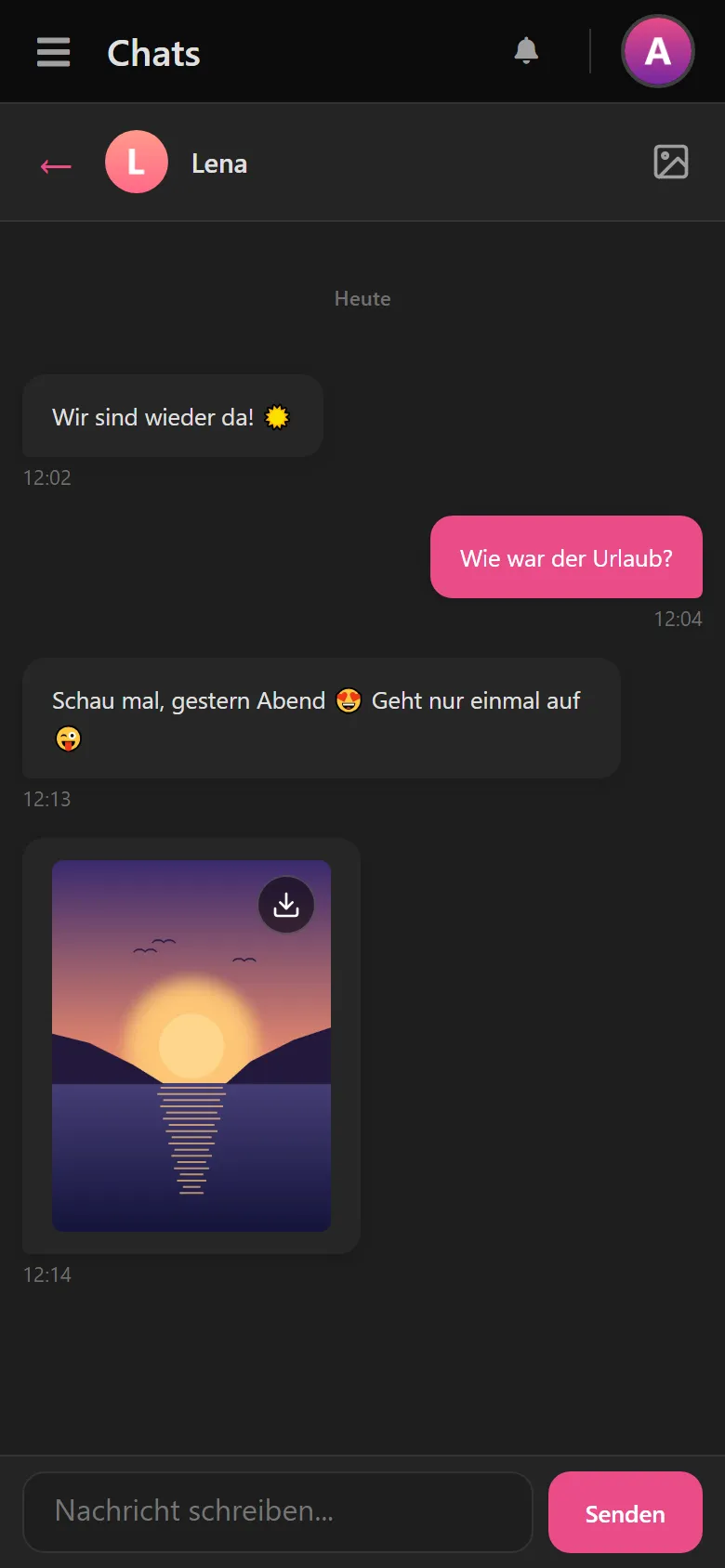 Geöffneter Chat mit Lena: das Einmal-Bild ist sichtbar, daneben der Download-Knopf.