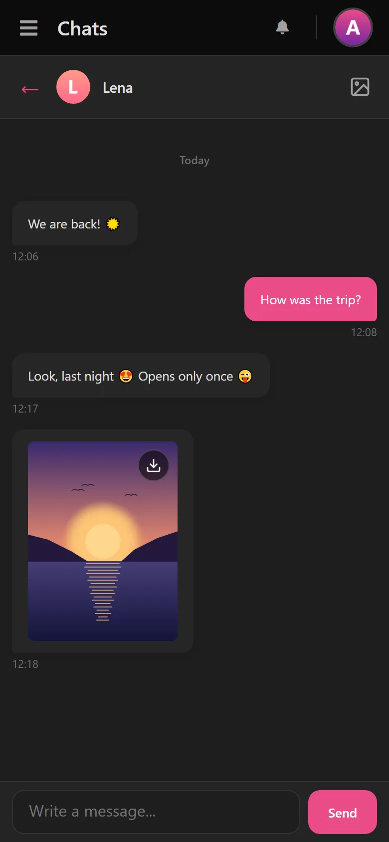 Open chat with Lena: the view-once photo is visible, with the download button next to it.