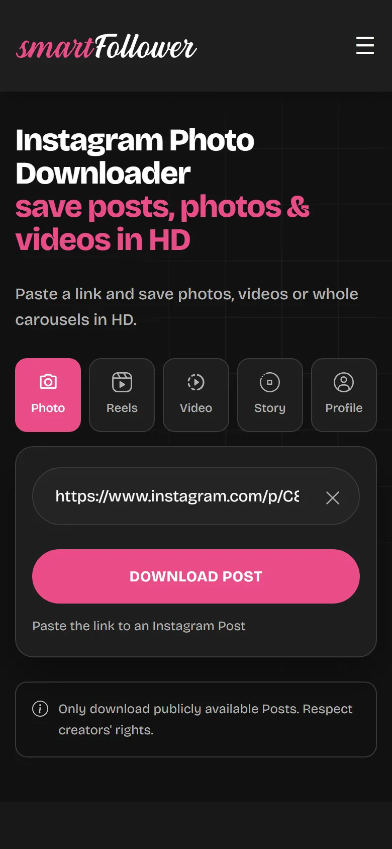 The Post Downloader page with an Instagram link pasted in