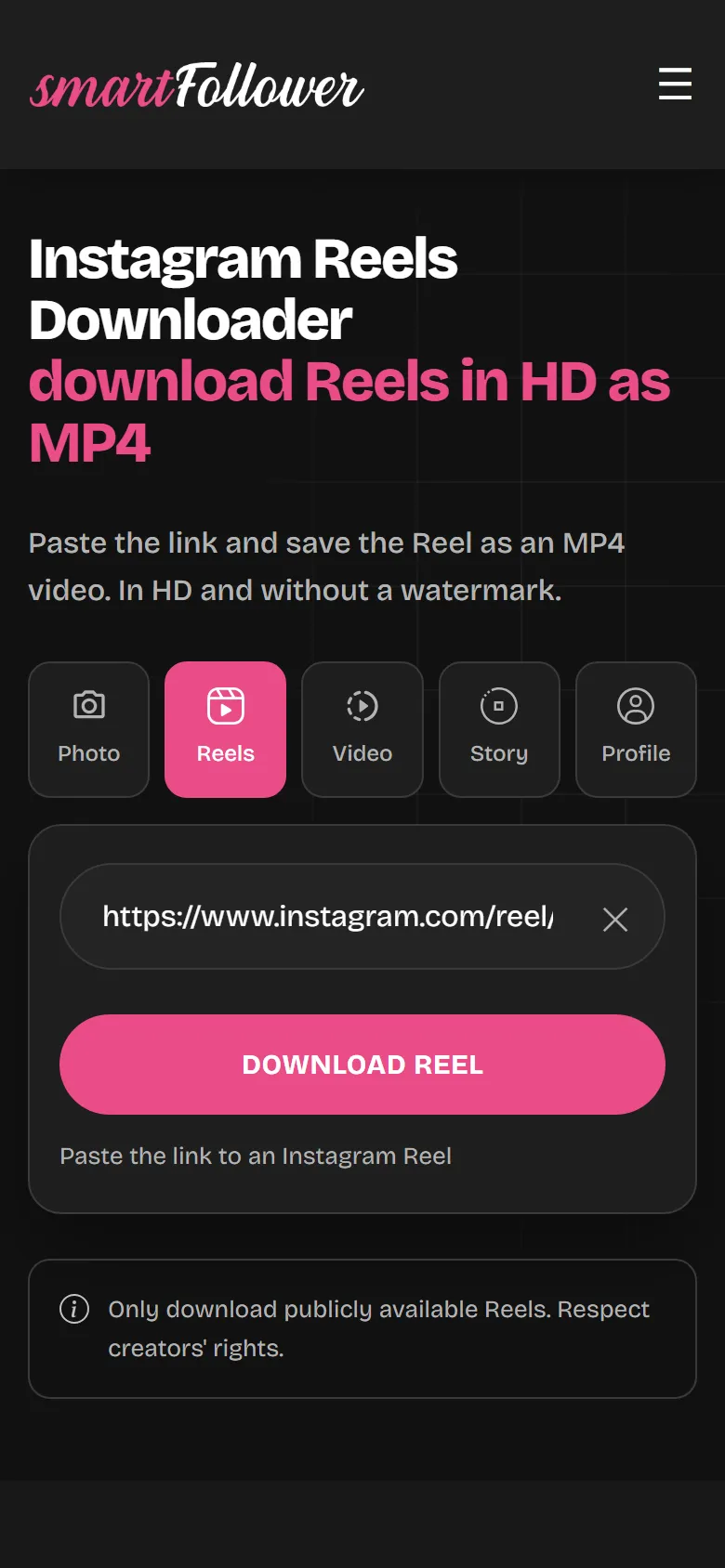 The Reel Downloader page with an Instagram link pasted in