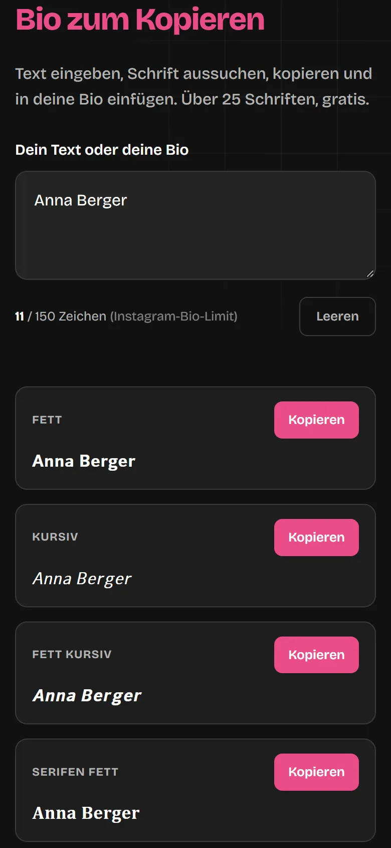 Der Schrift-Generator mit eingegebenem Text