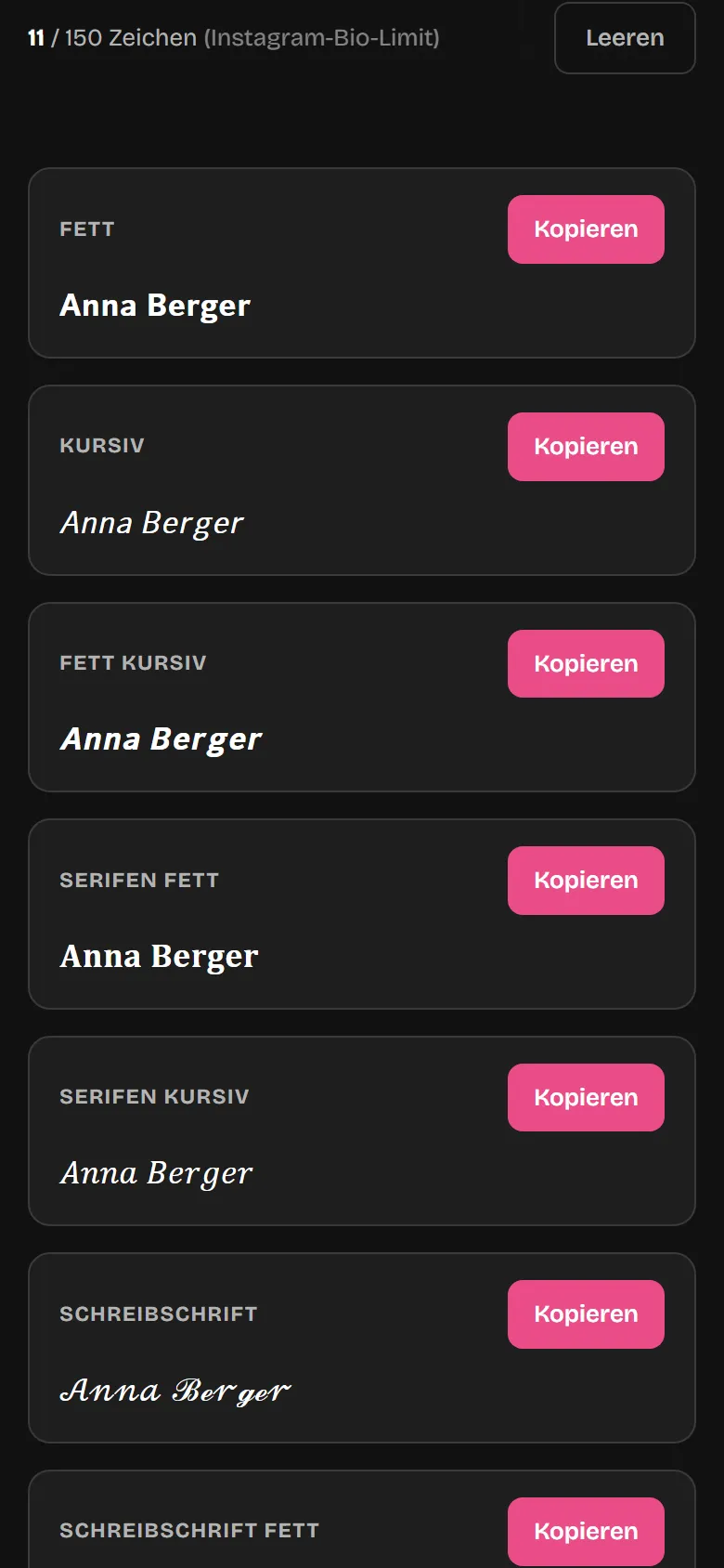 Liste der Schriften mit Knopf „Kopieren“