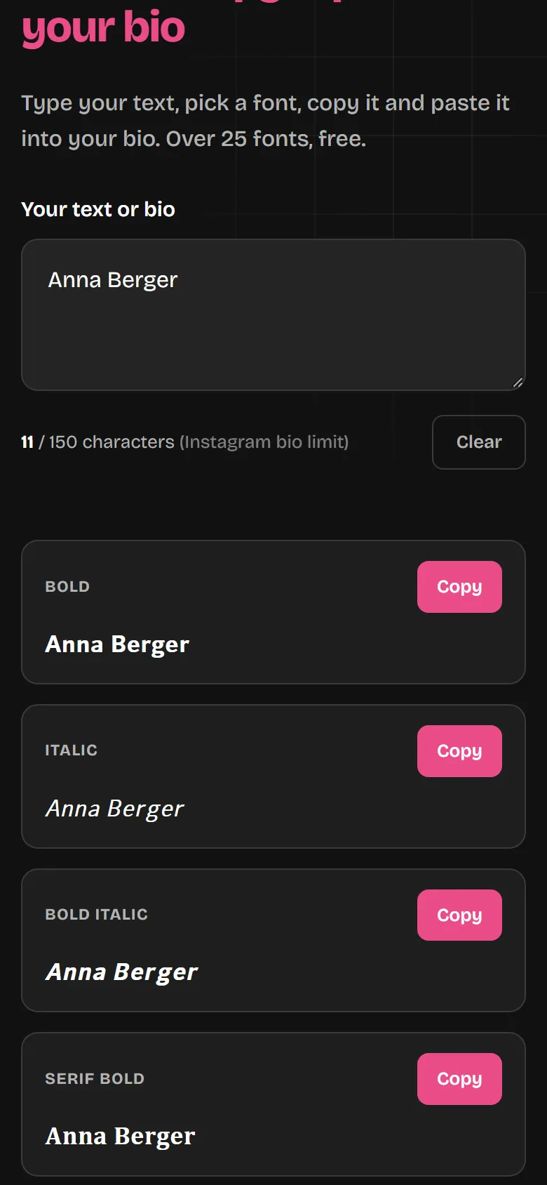 The Font Generator with text entered