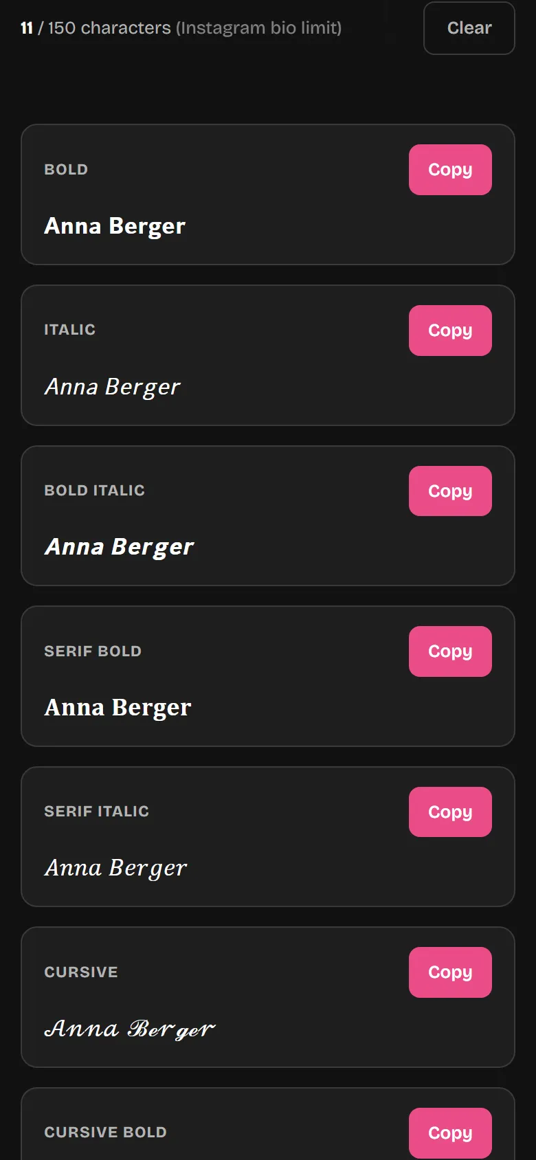 List of fonts with the “Copy” button