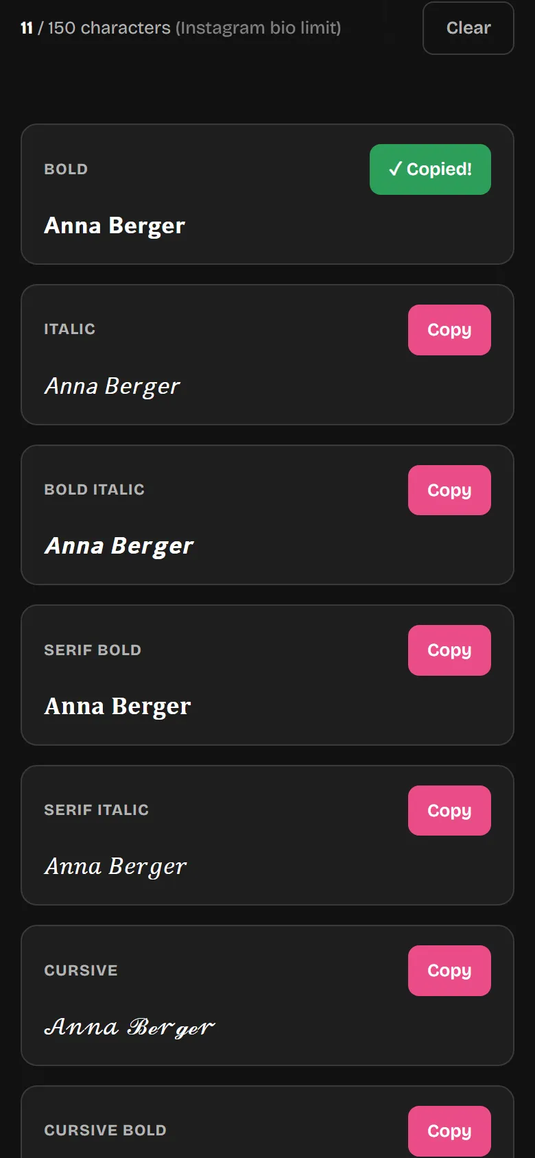 A font has been copied and the button shows “Copied!”