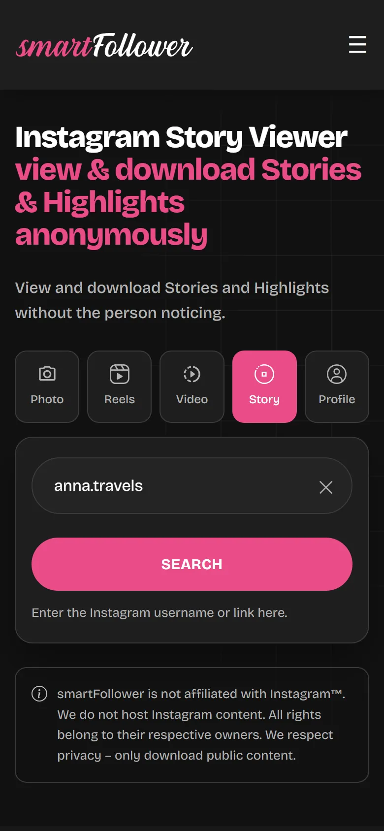 The Story Downloader page with a username entered