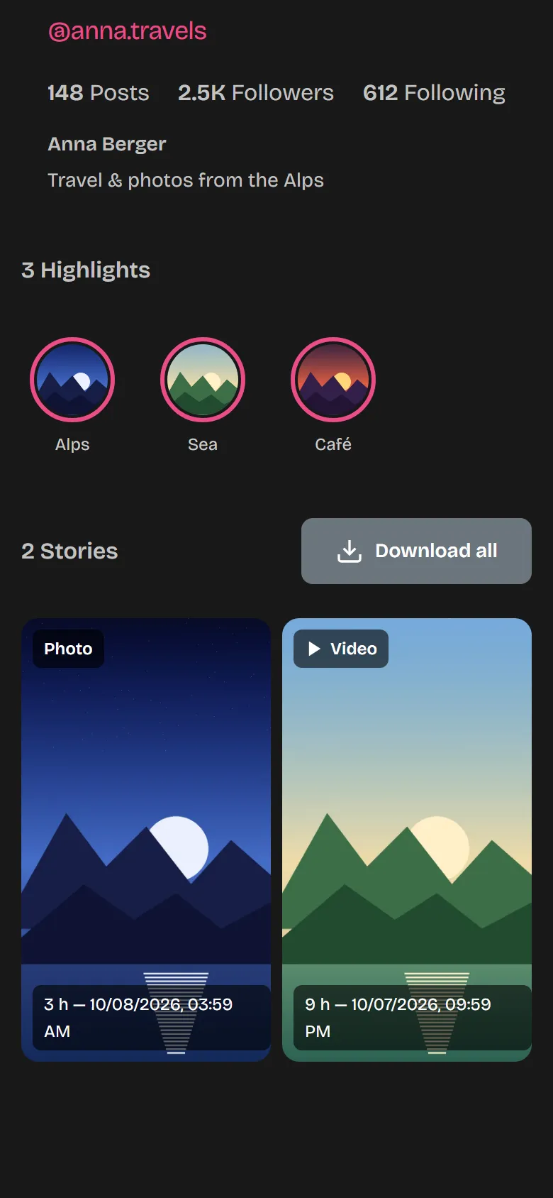 Two Stories, one of them a video, with “Download all”