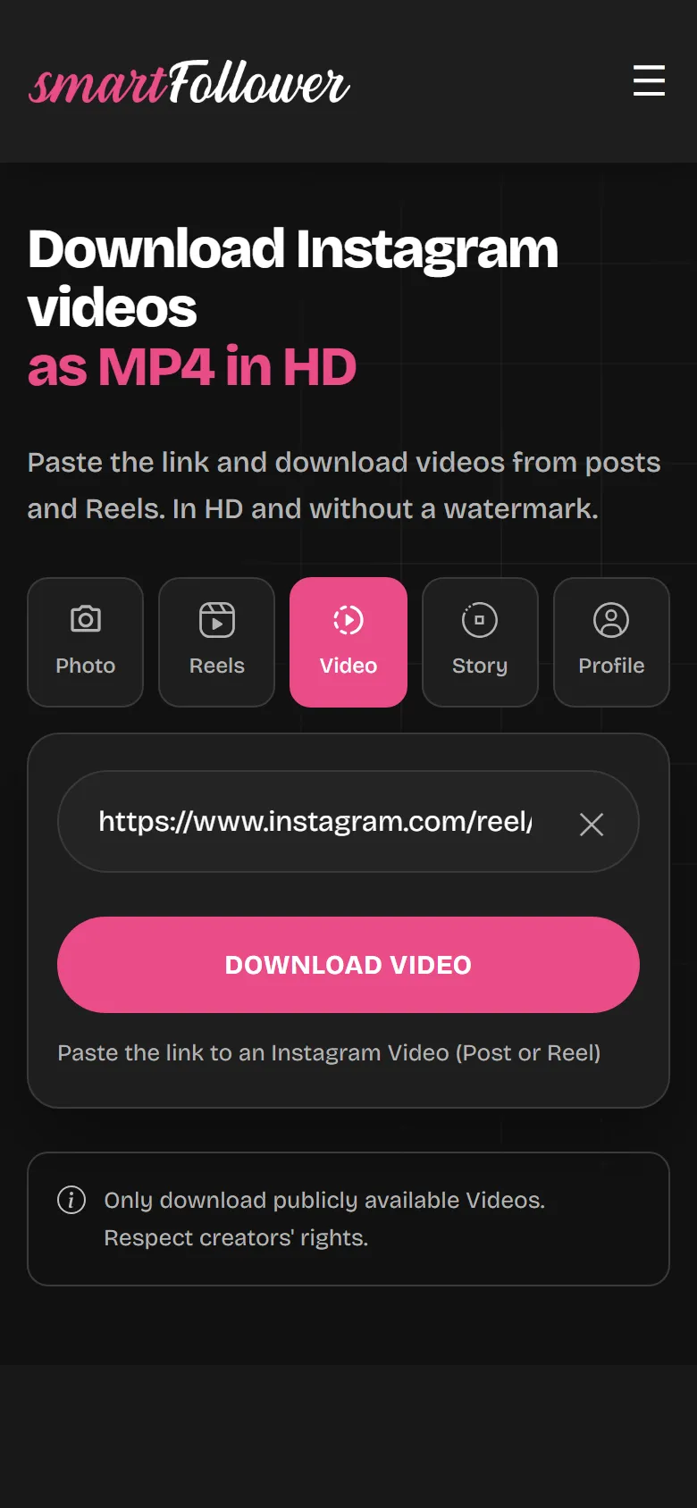 The Video Downloader page with an Instagram link pasted in
