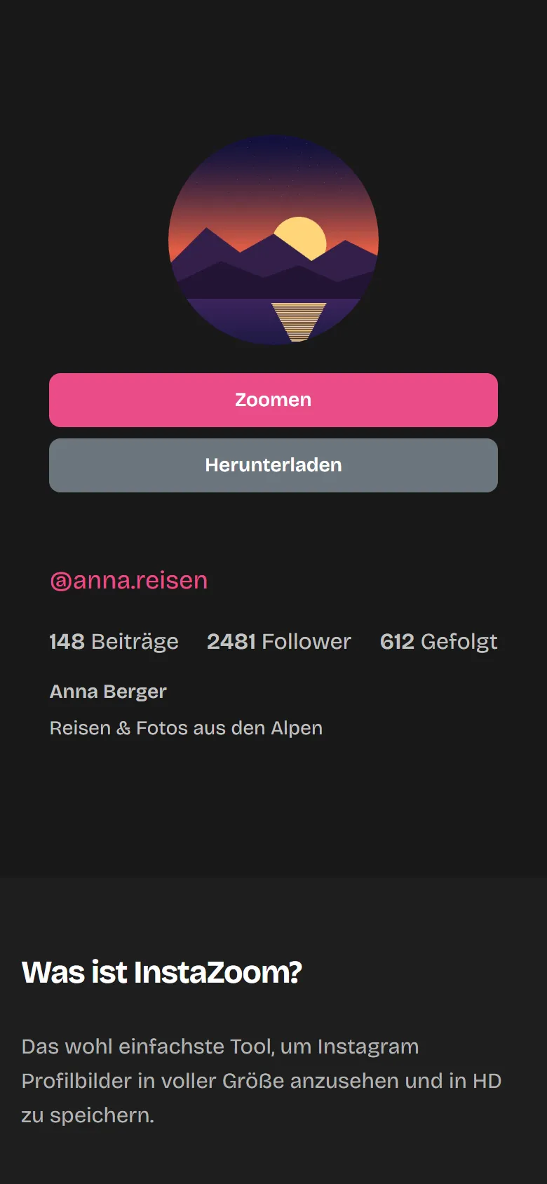 Profilbild in voller Größe mit den Knöpfen „Zoomen“ und „Herunterladen“