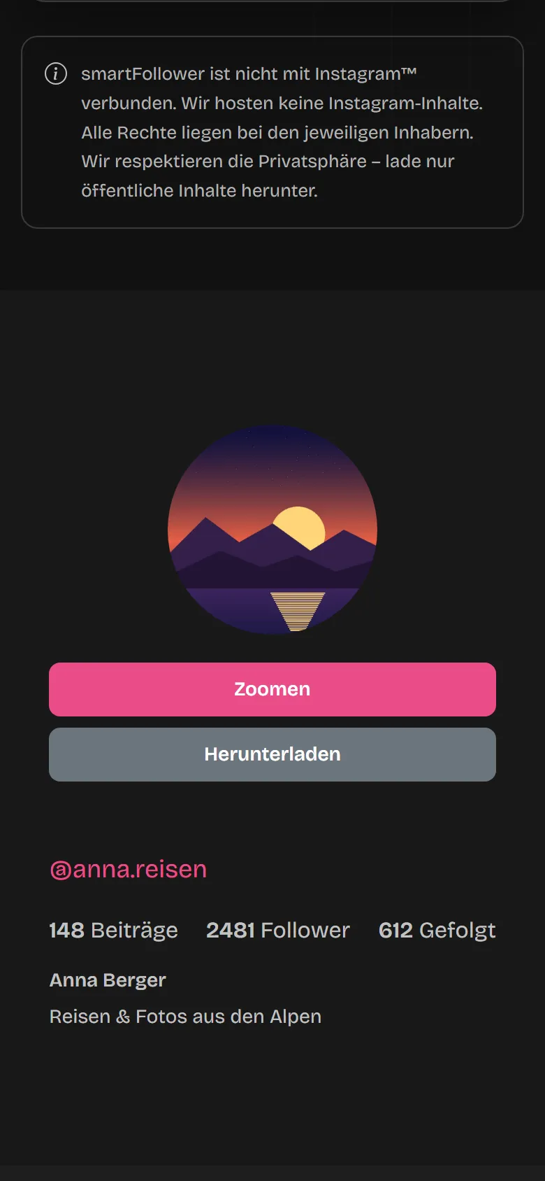 Profilbild mit Knopf „Herunterladen“ und Profilangaben