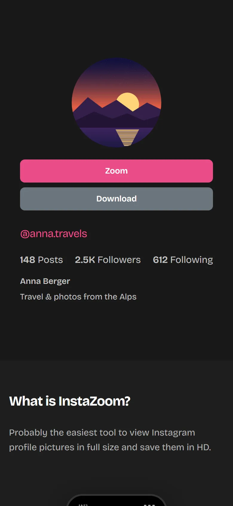 Profile picture in full size with the “Zoom” and “Download” buttons