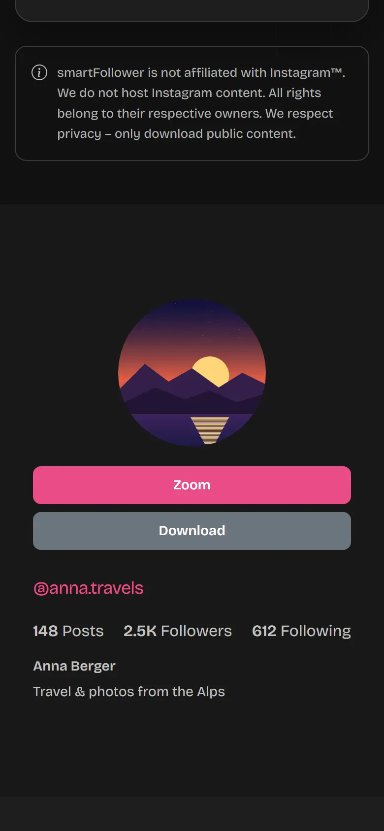 Profile picture with the “Download” button and profile details